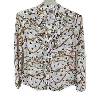 Vtg Cache Ruffle Blouse Top Size M White Equestrian Polkadot Print Career Office